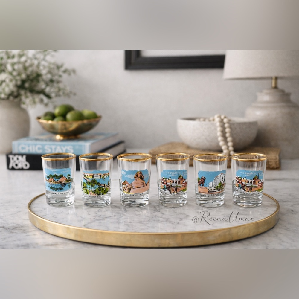 Vintage Gold Rim Shot Glass Set with Scenic Decals – Set of 6